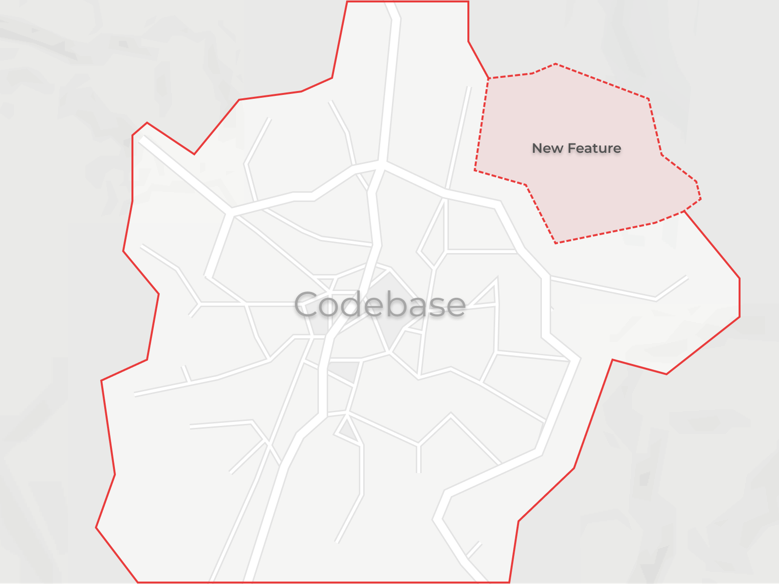 City marked with a line showing extended growth from a new feature being added