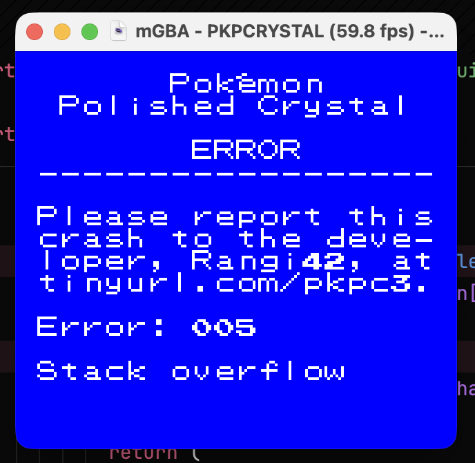 An mGBA crash screen from Pokémon Polished Crystal reporting error 005 stack overflow