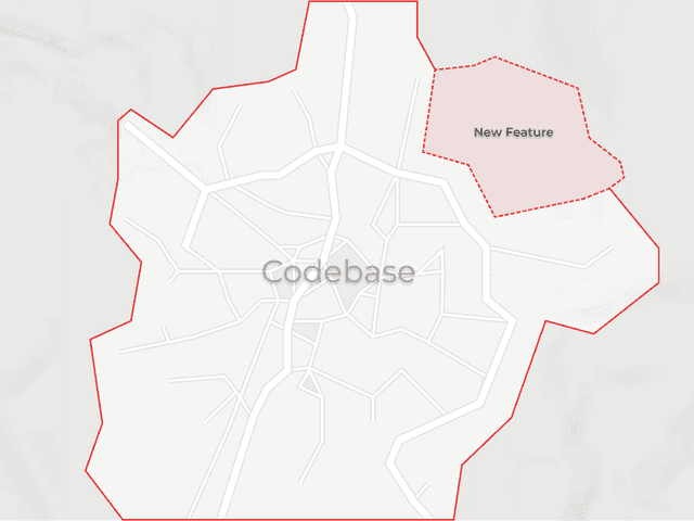 City marked with a line showing extended growth from a new feature being added